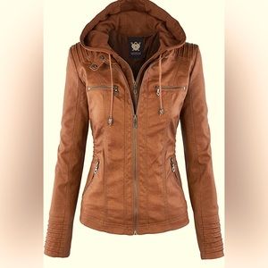 Women’s removable hood faux leather jacket Moto biker cost!  Like new!